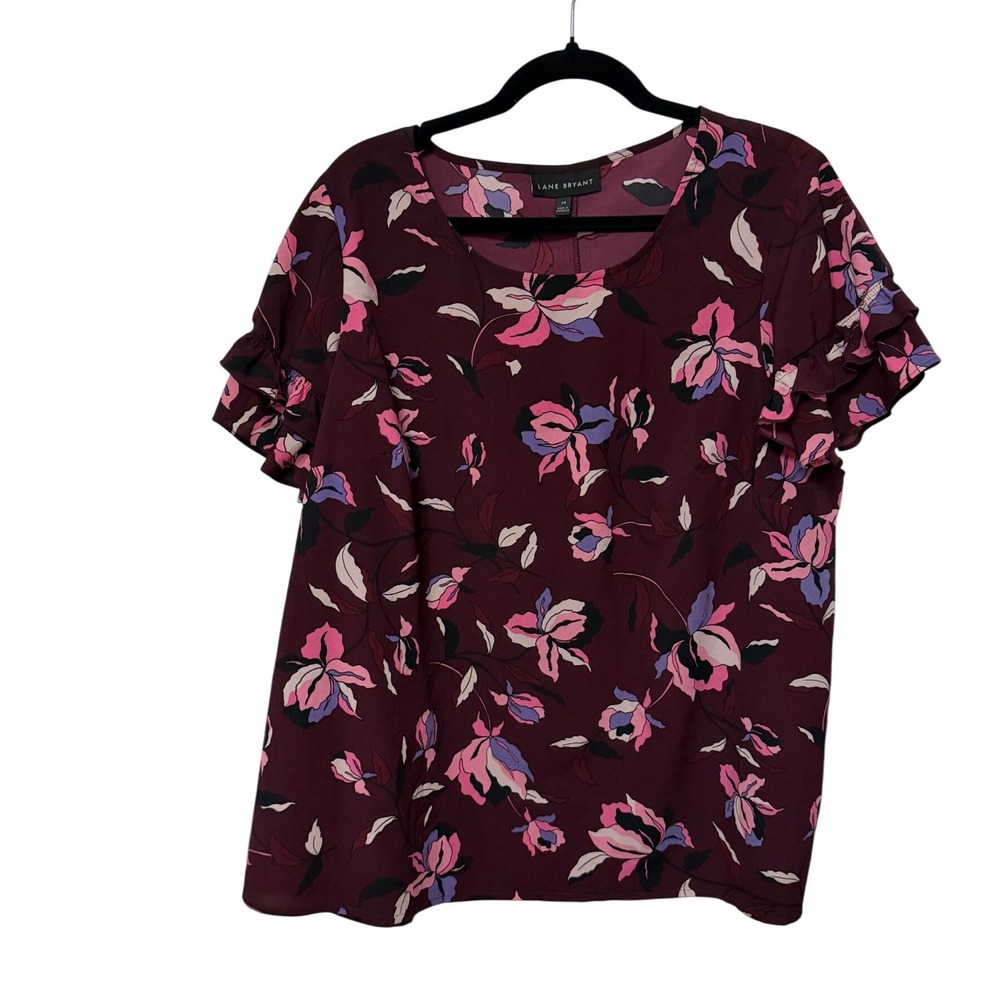 Lane Bryant Burgundy Floral Ruffle Flutter Sleeve Blouse Top Womens 14
